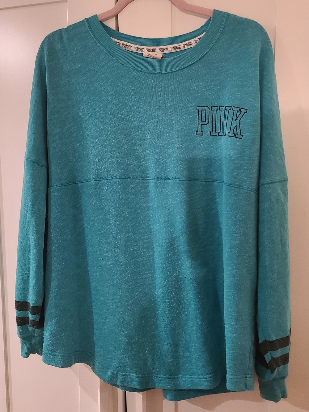 PINK Victoria's Secret Teal Blue Crewneck Sweatshirt with Striped Cuffs